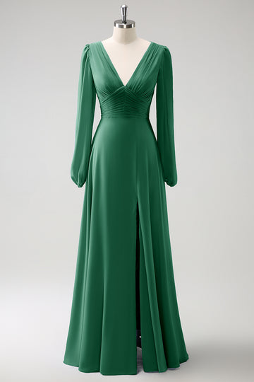 A Line Grey Blue V-Nack Vestido de Dama de Honor de Gasa con Mangas Largas